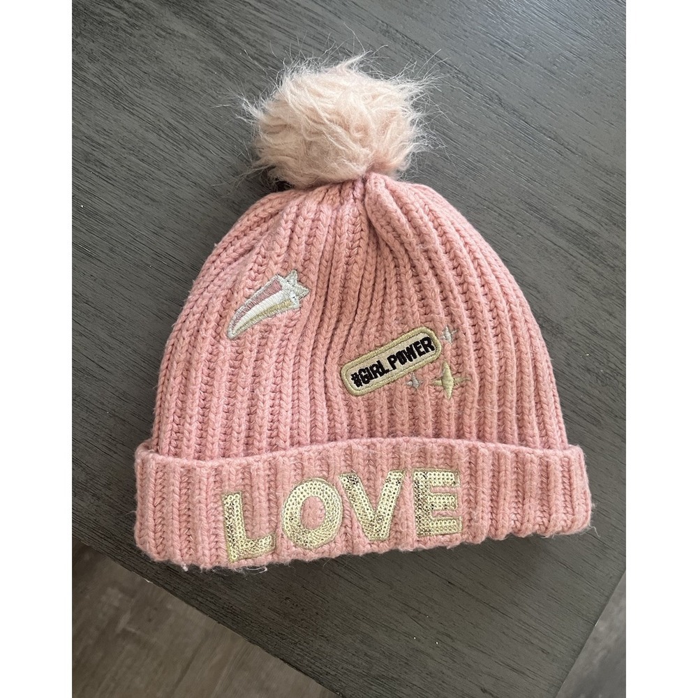 The children's place Girls Pink Beanie Hat Pom Pom #girlpower Patches  L 4T 5T